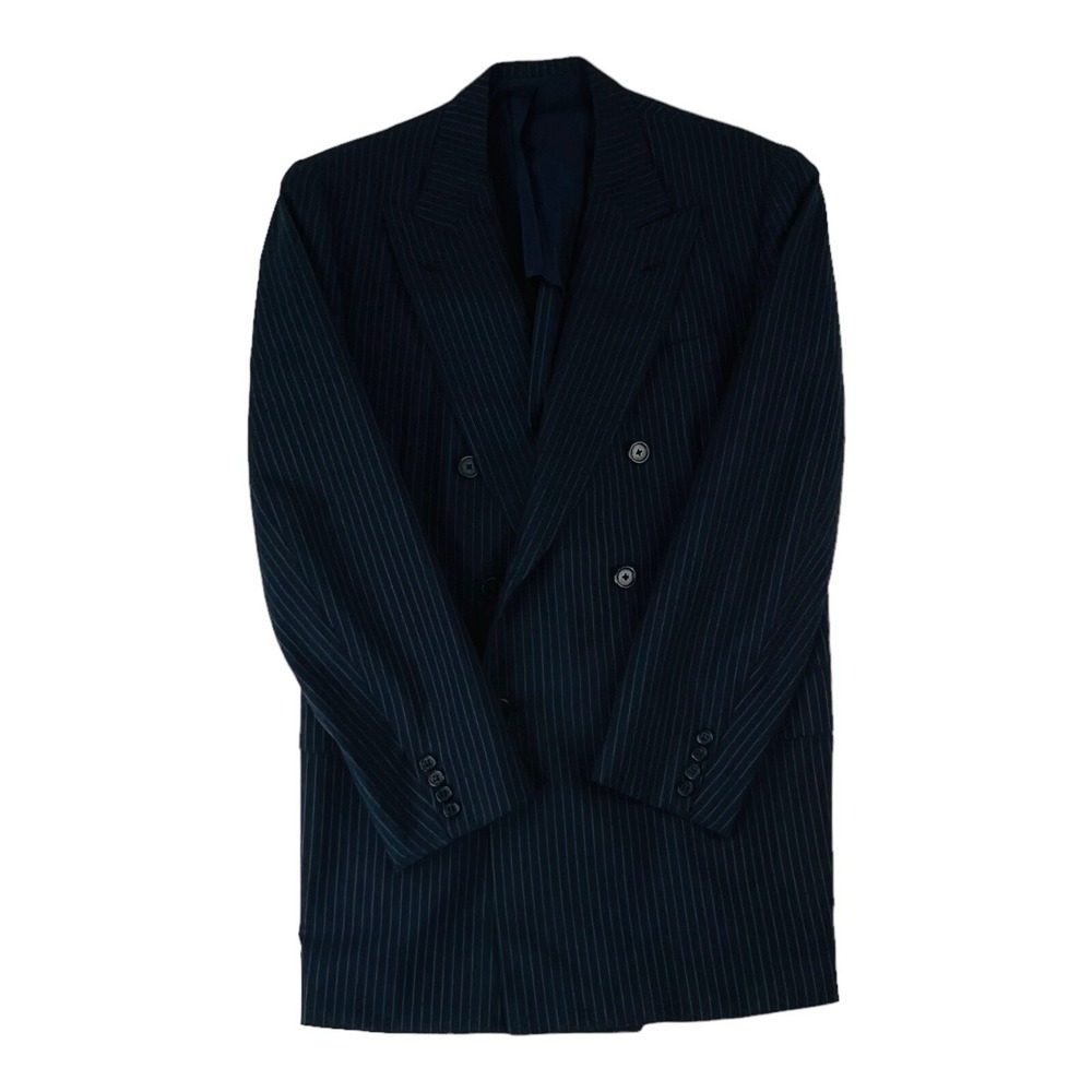 Oxxford Clothes Navy Blue w/‎ White Stripe Double Breasted Peak Lapel Blazer 43L